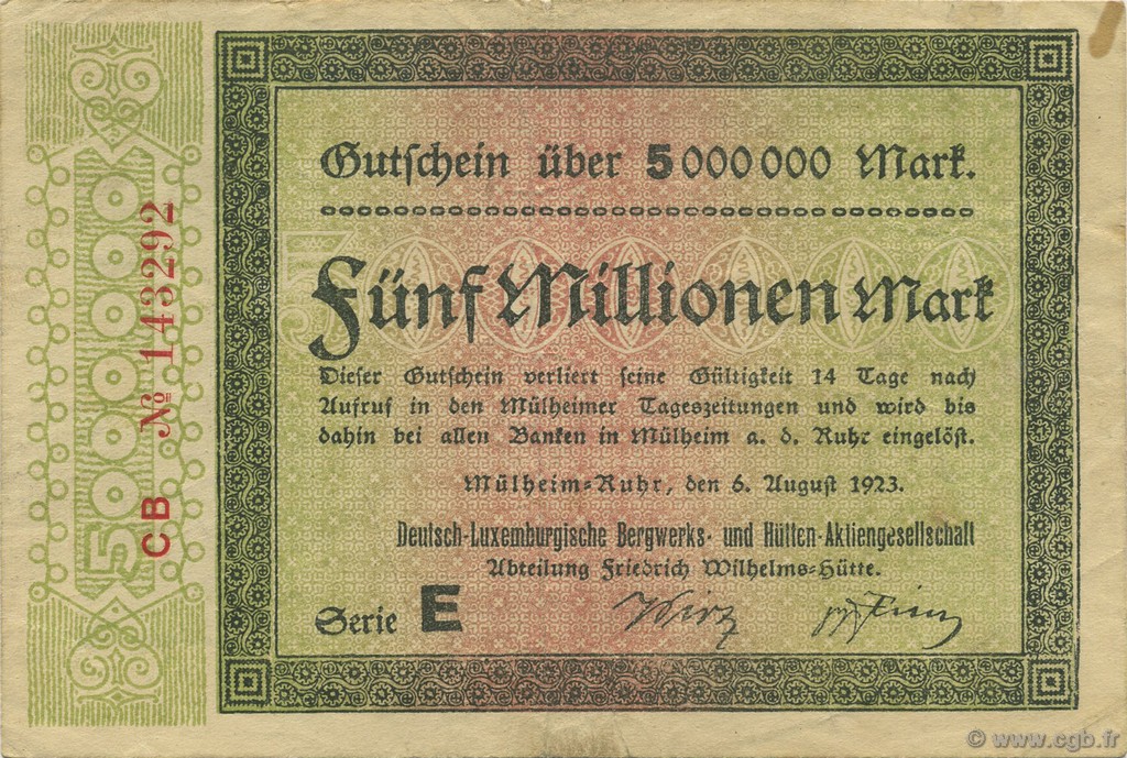5 Millions Mark ALLEMAGNE Mülheim 1923  TTB