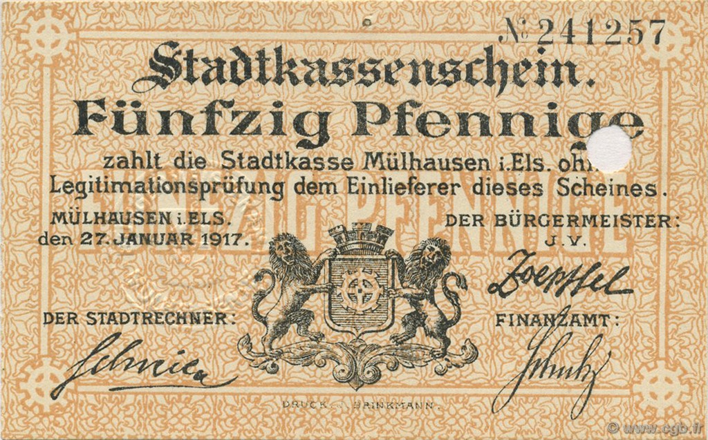 50 Pfennige DEUTSCHLAND Mulhouse 1917  fST