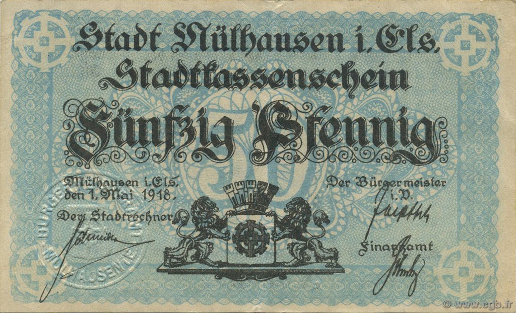 50 Pfennig GERMANY Mulhouse 1918  VF