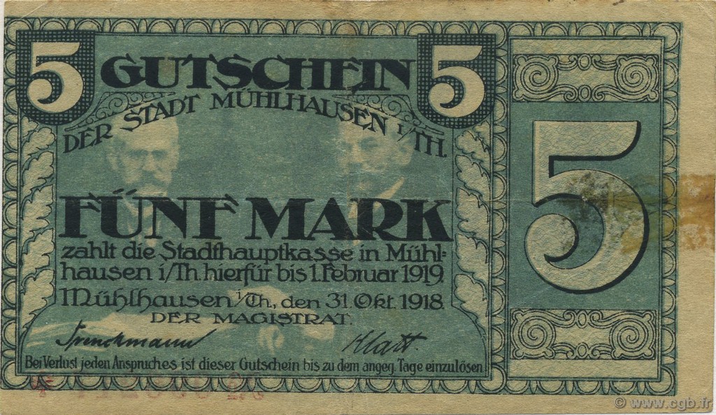 5 Mark DEUTSCHLAND Mulhouse 1918  S