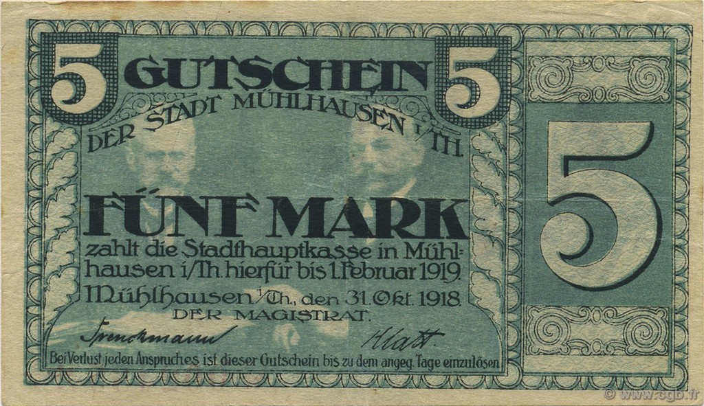 5 Mark GERMANY Mulhouse 1918  VF+