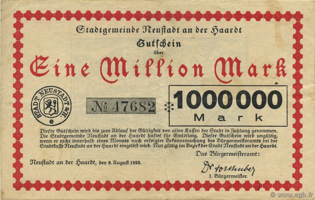 1 Million Mark GERMANIA Neustadt An Der Haardt 1923  BB