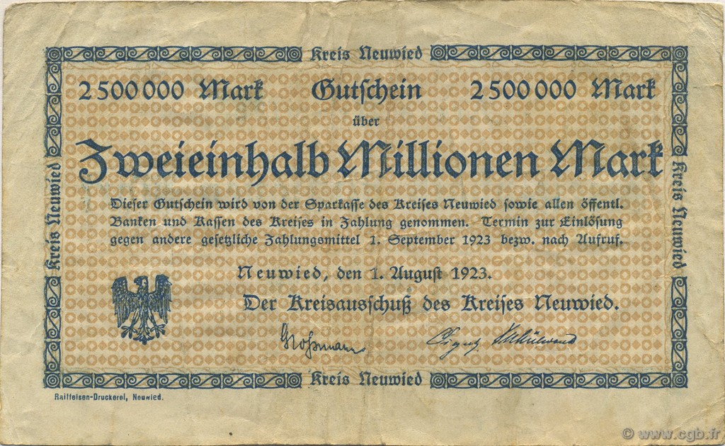 2,5 Millions Mark GERMANY Neuwied 1923  F+