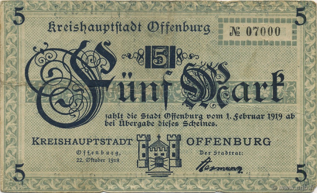 5 Mark DEUTSCHLAND Offenburg 1918  SS