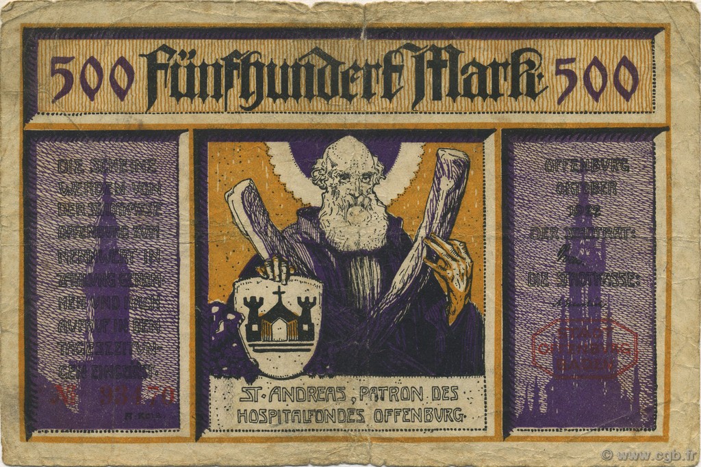 500 Mark DEUTSCHLAND Offenburg 1922  fS