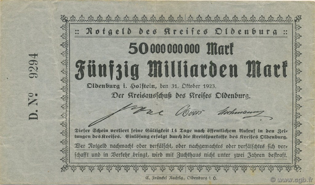 50 Milliards Mark GERMANY Oldenburg 1923  VF