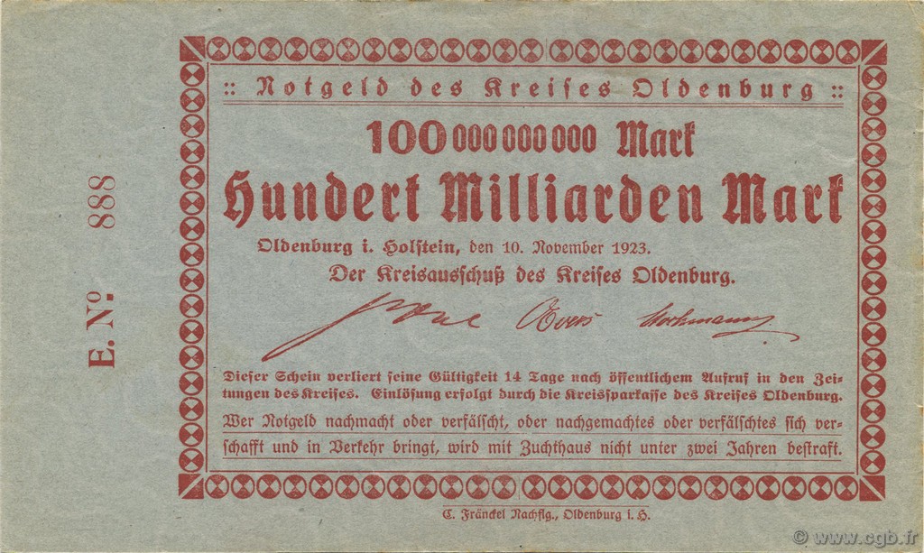 100 Milliards Mark DEUTSCHLAND Oldenburg 1923  VZ