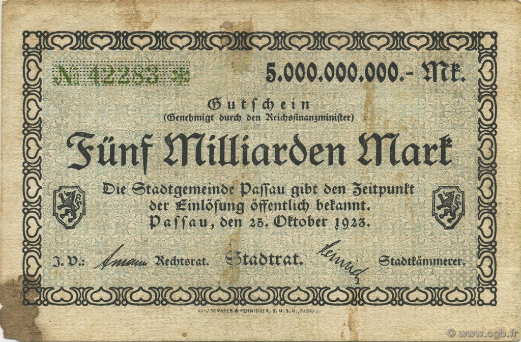 5 Milliards Mark GERMANY Passau 1923  VF-