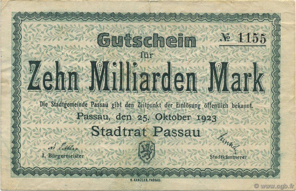 10 Milliards Mark ALLEMAGNE Passau 1923  TTB