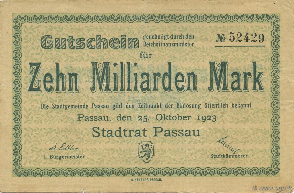 10 Milliards Mark GERMANY Passau 1923  VF+