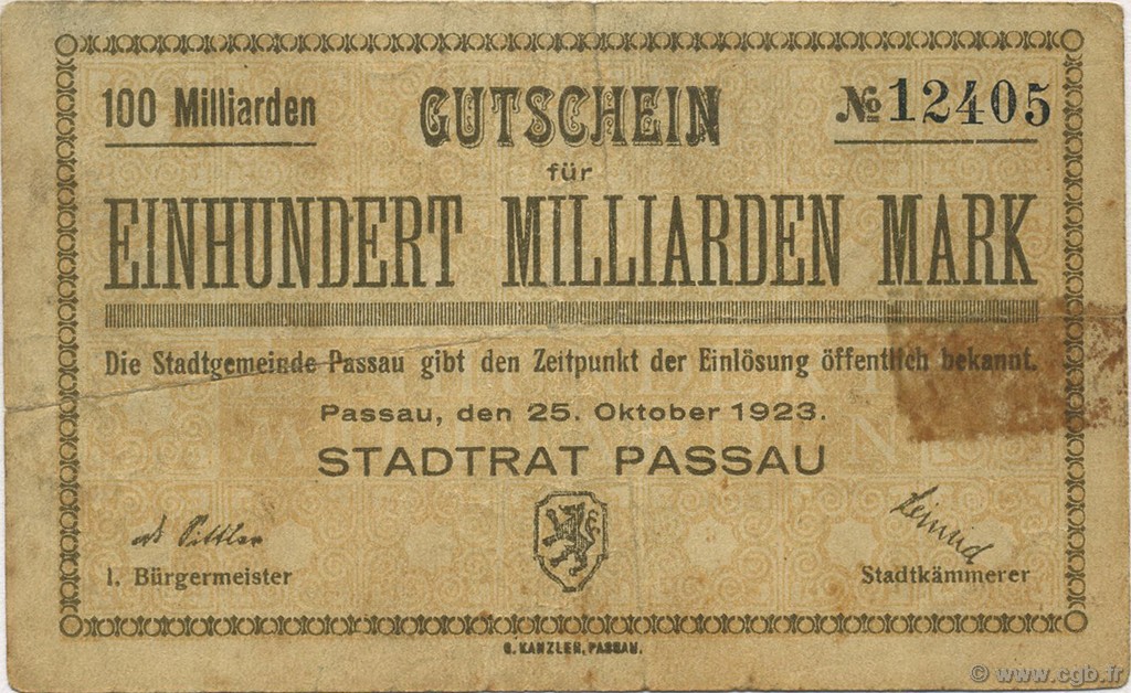 100 Milliards Mark DEUTSCHLAND Passau 1923  S