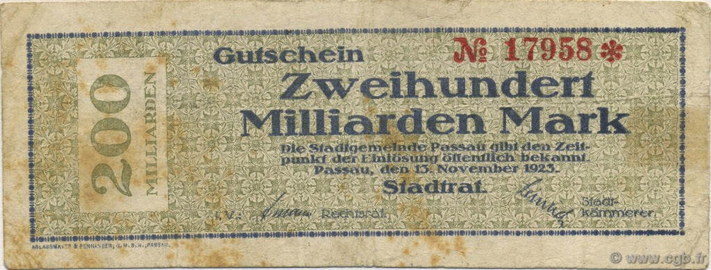 200 Milliards Mark GERMANY Passau 1923  F
