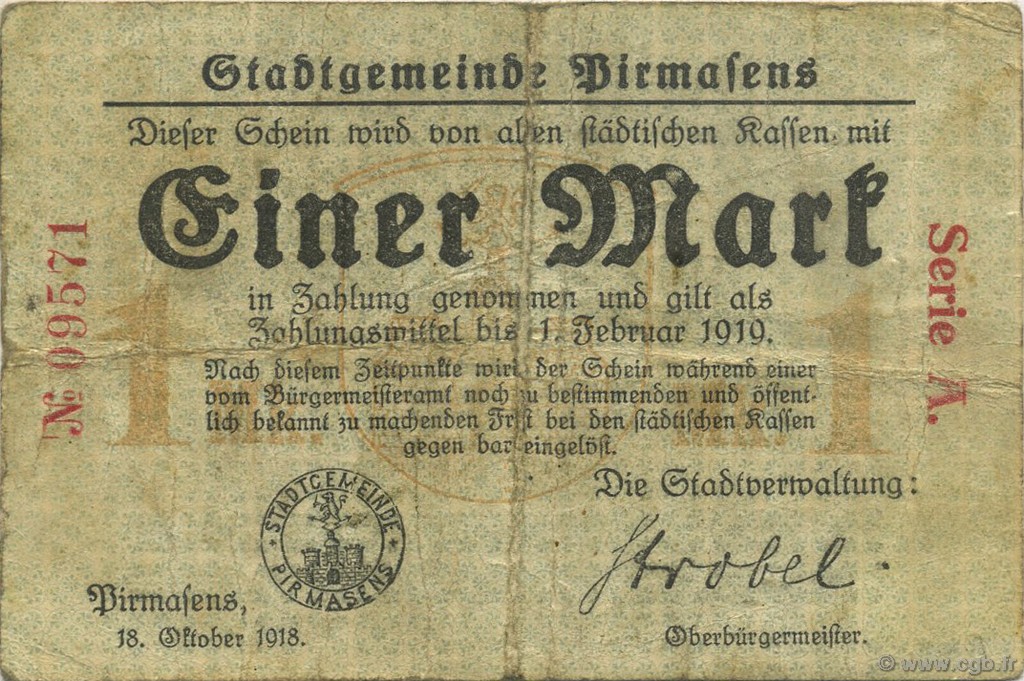 1 Mark GERMANY Pirmasens 1918  F