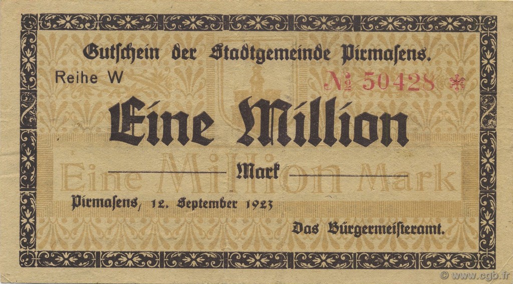 1 Million Mark GERMANIA Pirmasens 1923  q.SPL