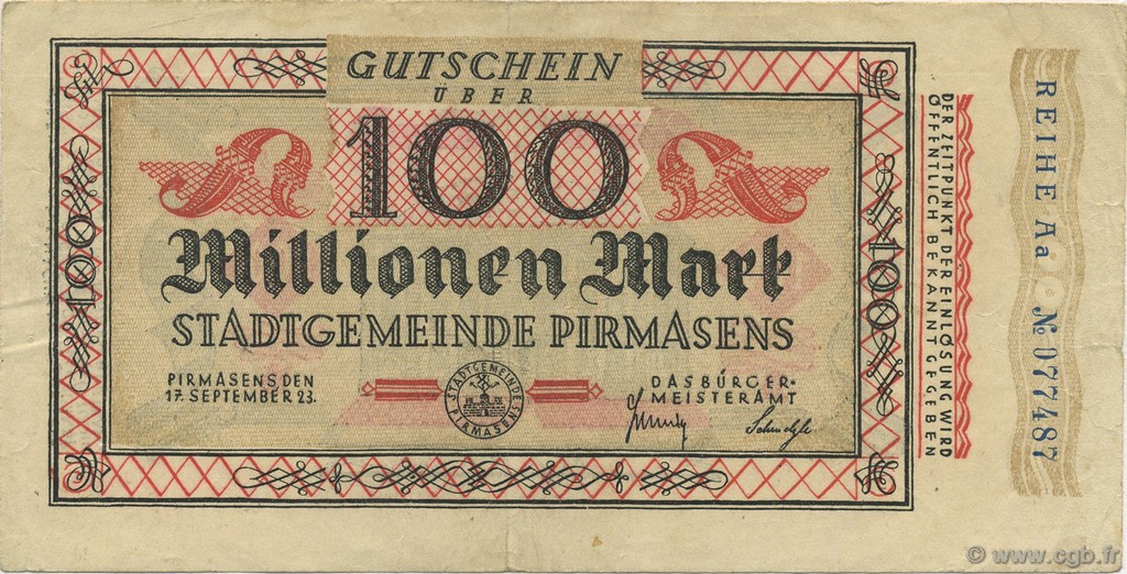 100 Million Mark GERMANY Pirmasens 1923  VF