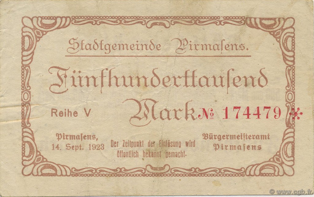 500000 Mark GERMANY Pirmasens 1923  VF