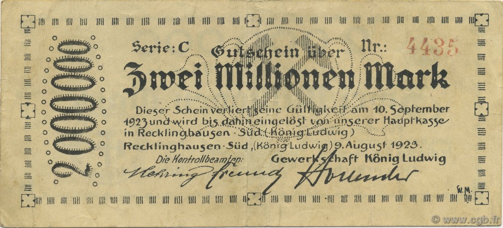 2 Millions Mark ALEMANIA Recklinghausen 1923  MBC