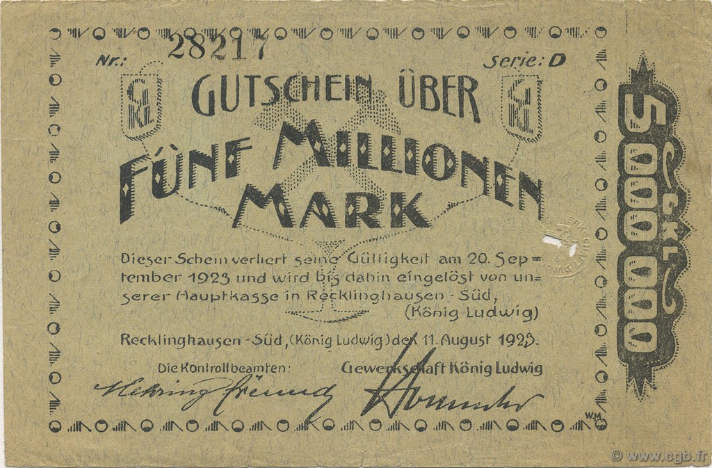 5 Millions Mark DEUTSCHLAND Recklinghausen 1923  SS