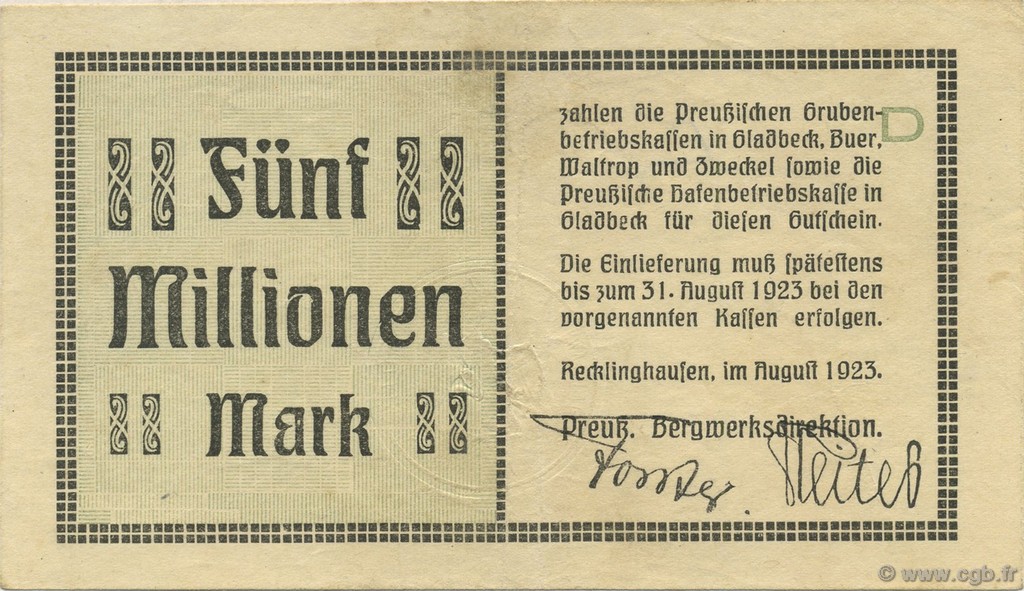 5 Millions Mark GERMANY Recklinghausen 1923  VF-