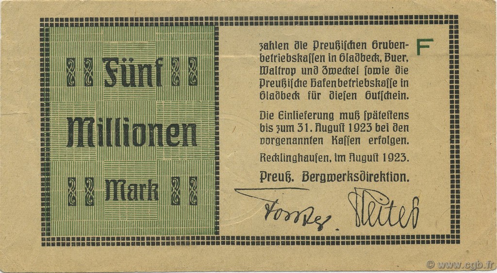5 Millions Mark GERMANY Recklinghausen 1923  VF