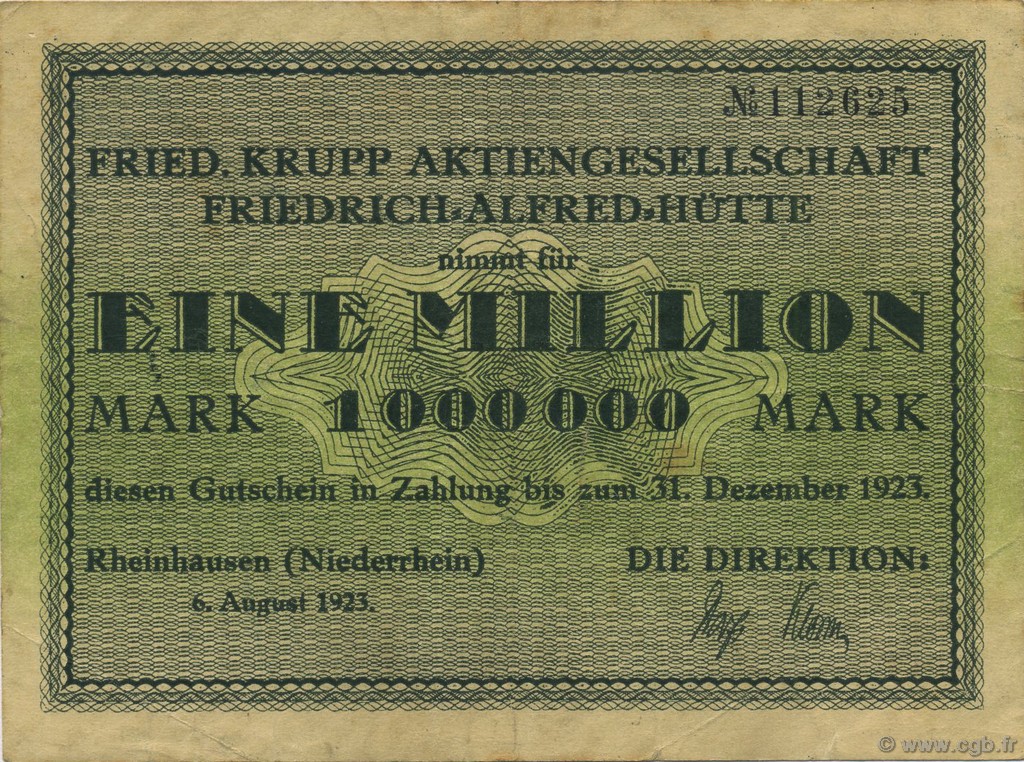 1 Million Mark DEUTSCHLAND Rheinhausen 1923  SS