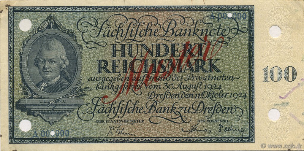 100 Reichsmark Spécimen GERMANY Dresden 1924 P.- VF+