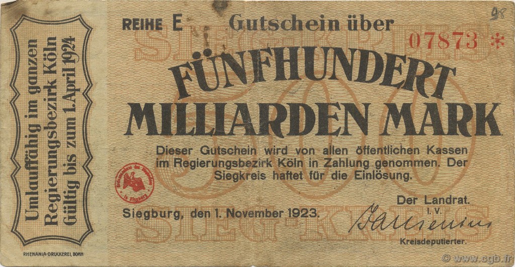 500 Milliards Mark GERMANIA Siegburg 1923  q.BB