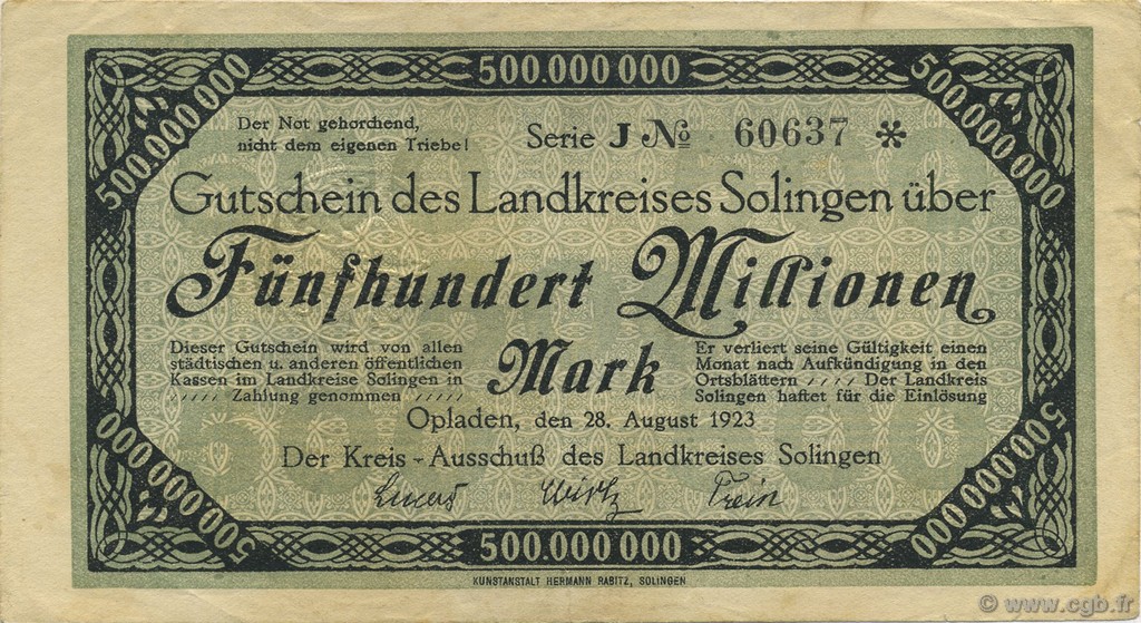 500 Millions Mark GERMANY Solingen 1923  VF