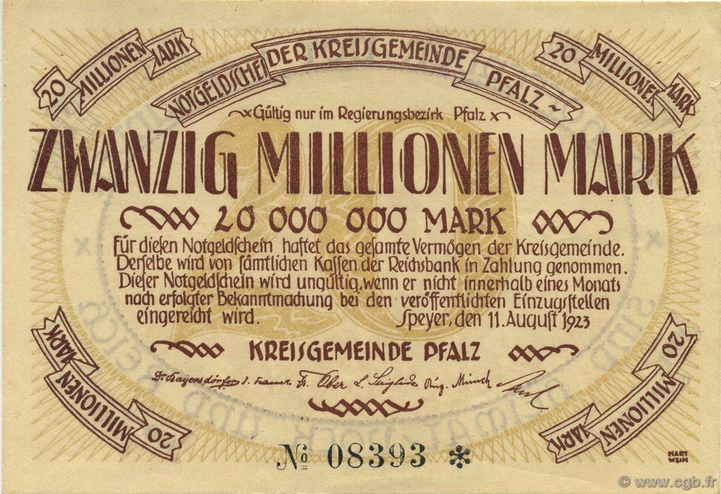 20 Millions Mark GERMANIA Speyer 1923  AU
