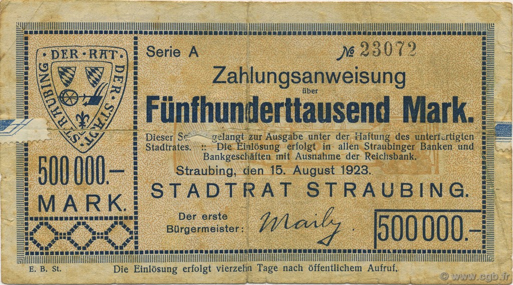 500000 Mark ALLEMAGNE Straubing 1923  TB