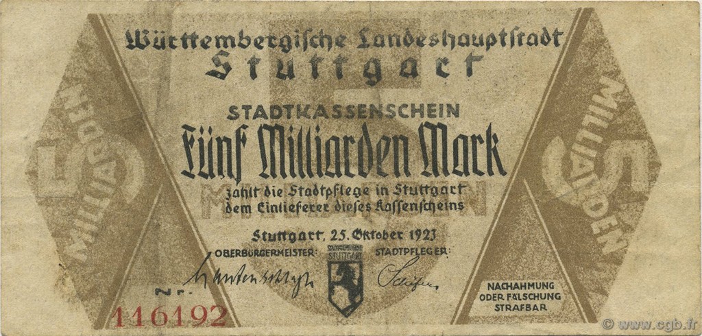 5 Milliards Mark DEUTSCHLAND Stuttgart 1923  SS