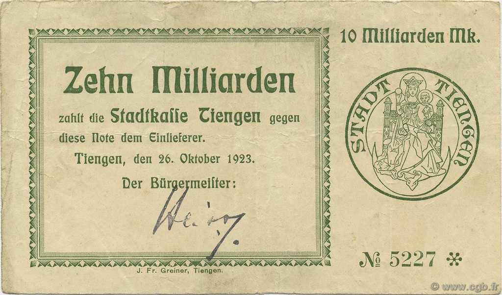10 Milliards Mark GERMANIA Tiengen 1923  BB