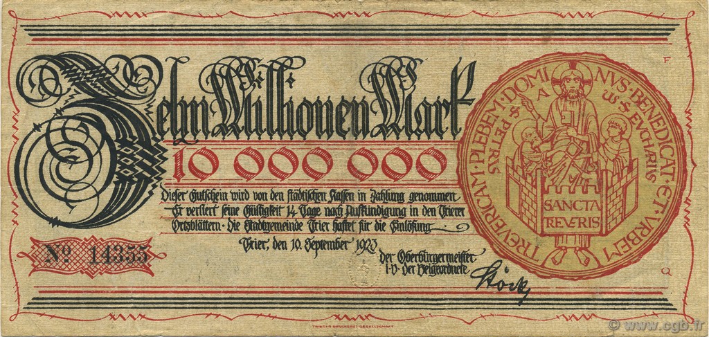 10 Million Mark ALEMANIA Trier - Trèves 1923  MBC