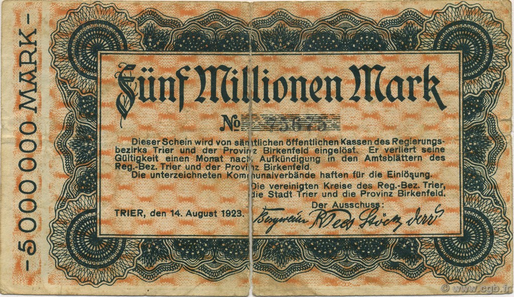5 Millions Mark GERMANY Trier - Trèves 1923  F