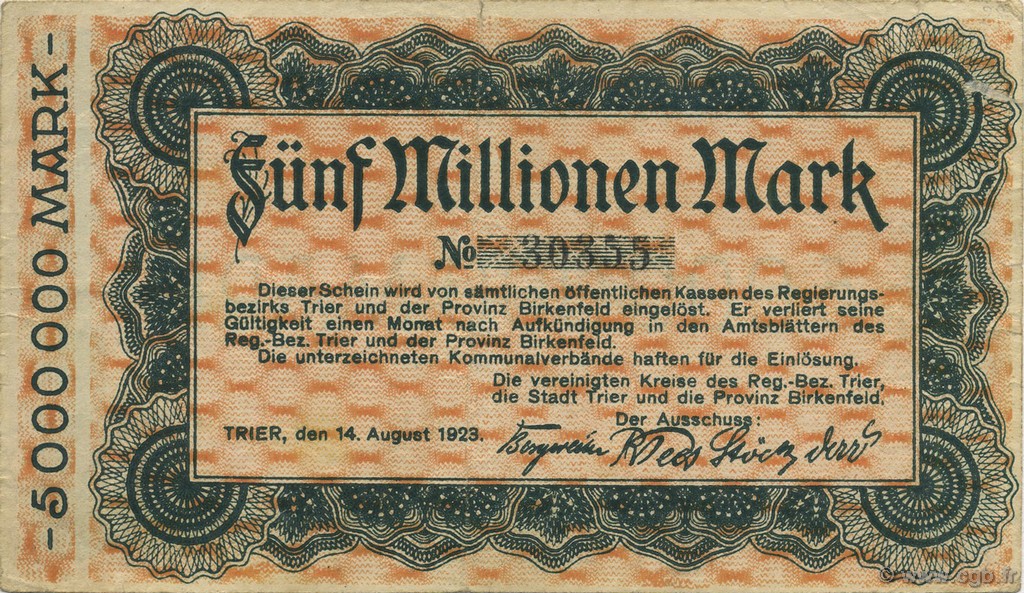 5 Millions Mark ALEMANIA Trier - Trèves 1923  MBC