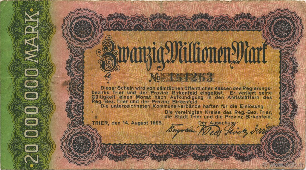 20 Millions Mark DEUTSCHLAND Trier - Trèves 1923  S