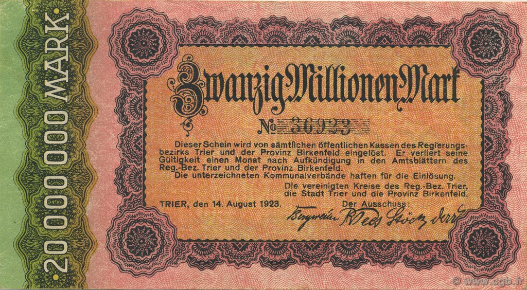 20 Millions Mark GERMANIA Trier - Trèves 1923  q.SPL