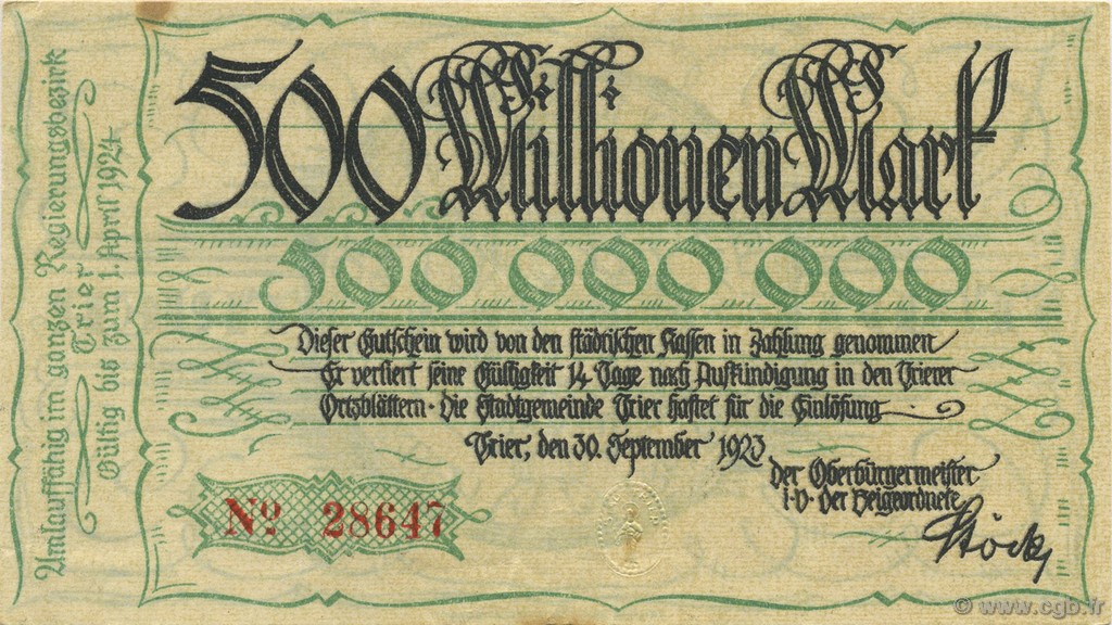 500 Millions Mark GERMANIA Trier - Trèves 1923  q.SPL