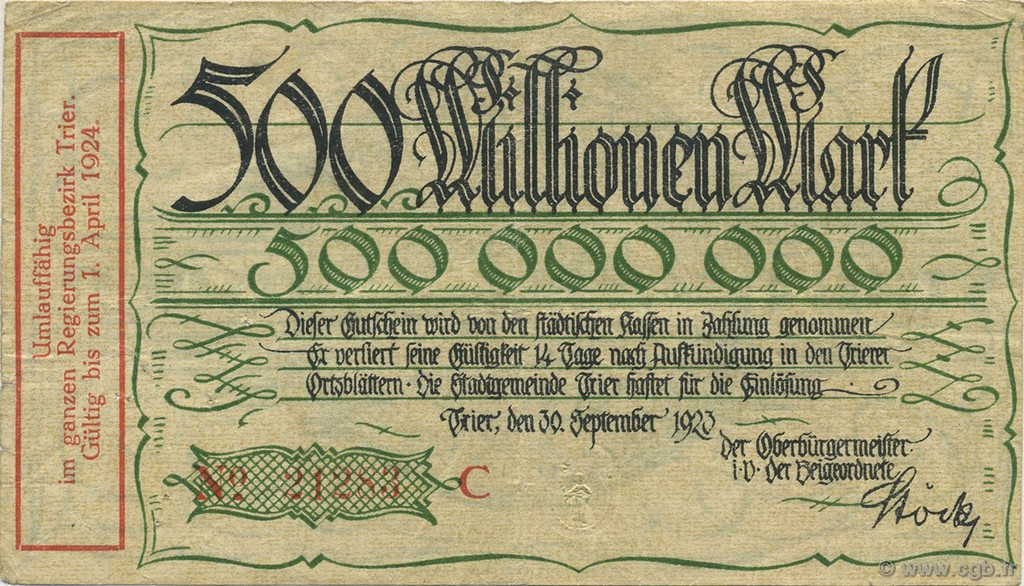 500 Millions Mark DEUTSCHLAND Trier - Trèves 1923  SS
