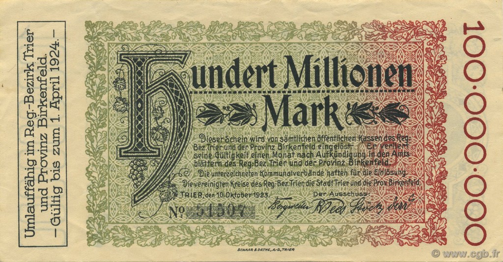 100 Millions Mark GERMANIA Trier - Trèves 1923  SPL+