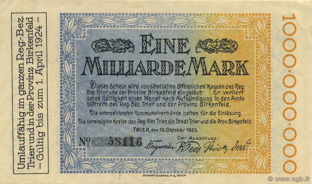 1 Milliard Mark GERMANY Trier - Trèves 1923  AU