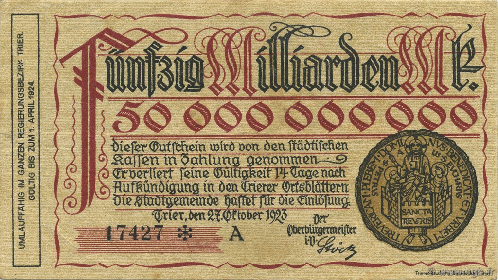 50 Milliards Mark GERMANIA Trier - Trèves 1923  BB