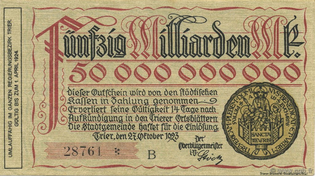 50 Milliards Mark GERMANY Trier - Trèves 1923  AU