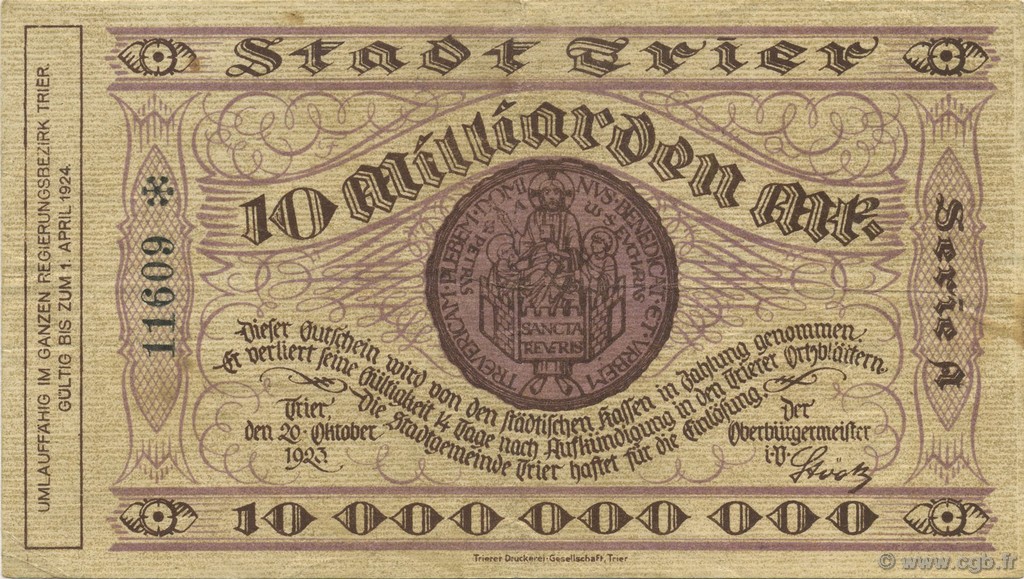 10 Milliards Mark GERMANY Trier - Trèves 1923  VF