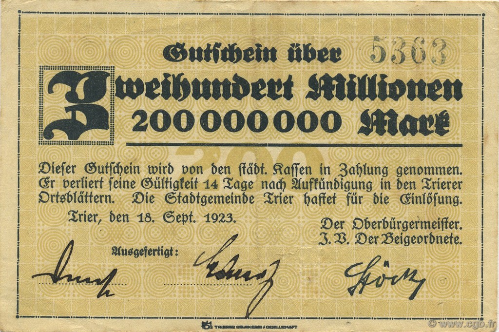 200 Millions Mark GERMANY Trier - Trèves 1923  VF+