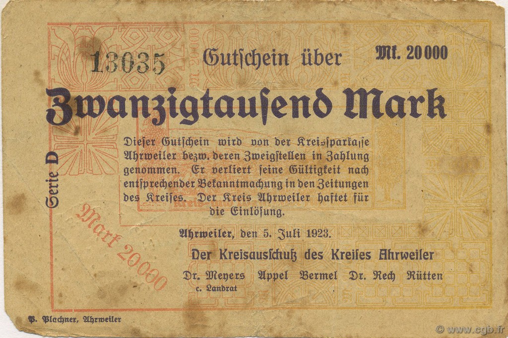 20000 Mark DEUTSCHLAND Uhrweiler 1923  S