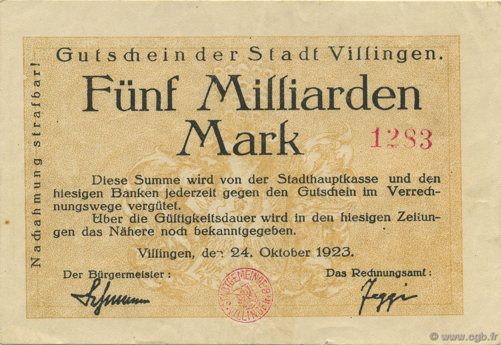 5 Milliards Mark DEUTSCHLAND Villingen 1923  fVZ