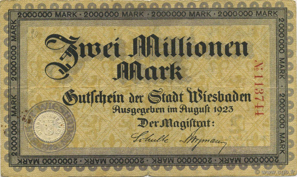 2 Millions Mark GERMANY Wiesbaden 1923  VF