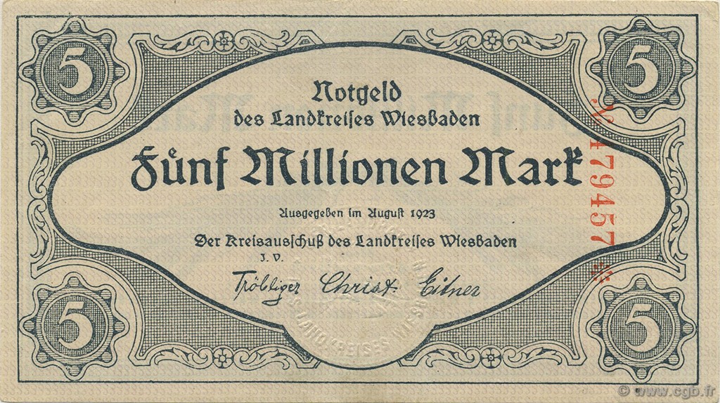 5 Millions Mark GERMANIA Wiesbaden 1923  AU