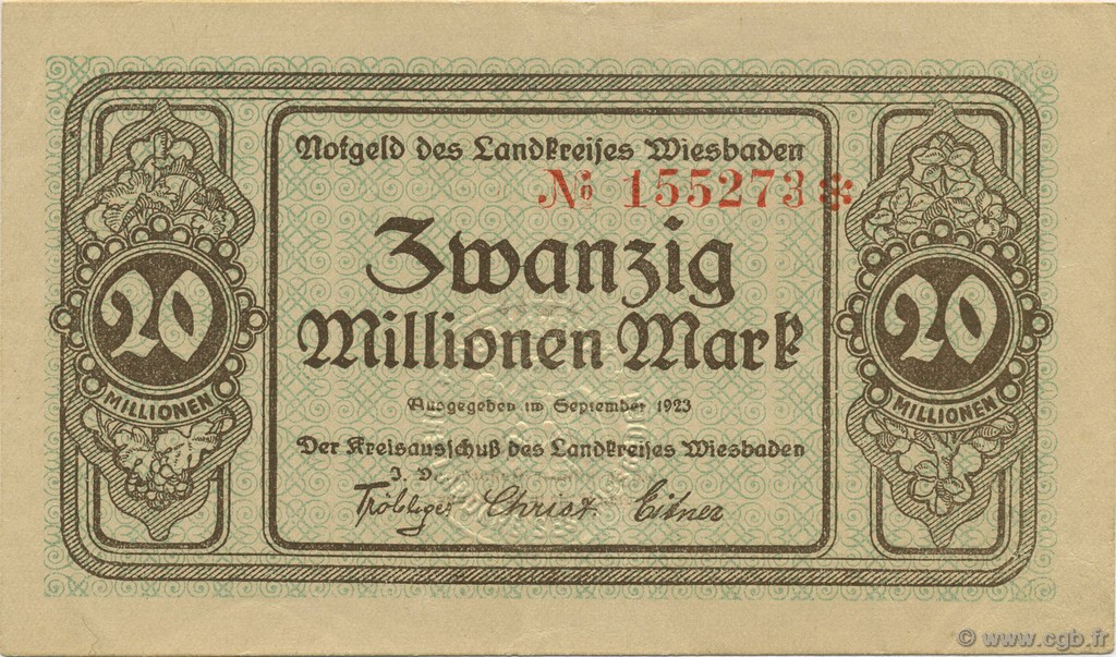 20 Millions Mark DEUTSCHLAND Wiesbaden 1923  VZ+
